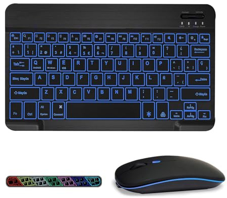 COEZFE Retroiluminado Teclado y Ratón Inalámbrico Bluetooth, Teclado y Ratón Recargables Silenciosos y Portátiles para iPad Tablet/PC/iOS/Android/Windows, QWERTY Español Ñ, Retroiluminado