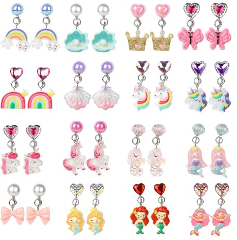 16 Paar Klipp Ohrringe Kinder Mädchen, Ohrklipser Kinder Ohrclips Mädchen, Ohrringe Zum Klipsen Ohne Ohrloch, Einhorn Meerjungfrau Prinzessin Ohrring Set mit Ohrpolstern für Alltag, Geburtstagsfeier