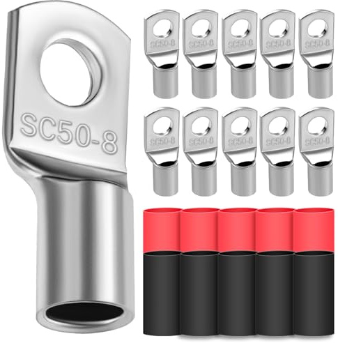 10x Cable Lugs 50mm² M8 Thickened Copper Uninsulated SC Crimp Lugs Battery Cable Ends Lugs Battery Terminals with 10 Heat-shrink Tubing 3: 1