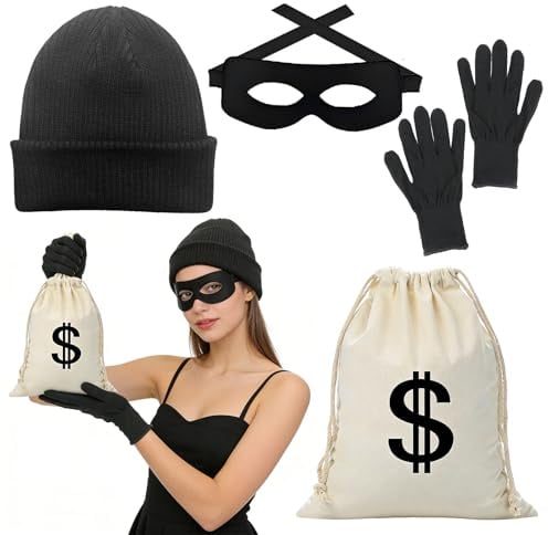 CHIHOLEN Räuber Kostüm, 4 Stück Bankräuber Kostüm Zubehör mit Strickmütze, Maske, Handschuhe, Geldbeutel, für Karneval Cosplay Kostümparty