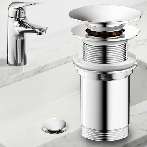 JONKEAN Universal G1¼ Ablaufgarnitur Waschbecken ohne Überlauf | Pop Up Ablaufventil für Bad, Messing Herausziehbarer Waschbeckenstöpsel mit Haarsieb, 41 bis 50 mm Abfluss Chrom