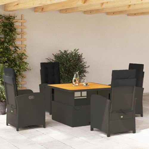 Bucmath 5-TLG. Garten-Essgruppe, Schwarz Poly Rattan, Verstellbarer Tisch & Relaxsessel, Outdoor Möbel Set mit Kissen für Terrasse, Balkon