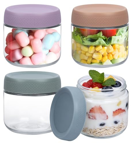 ECOSEAO Glass Jars with Screw Lids, 4PCS Overnight Oats Jars, 10oz Glass Containers, Wide Mouth Food Container Mason Jar for Tea Coffee Snacks Yogurt Spice Sugar Pots