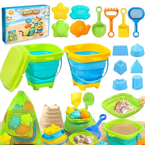 FLEXTRIX Beach Sand Toys for Kids 19PCS Bucket and Spade Collapsible, Sand Toys for Sand Pit with Shovels and Animal Soft Sand Molds, Outdoor Toys for Children Toddles Age 1 2 3 4 5