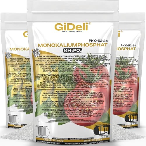 GiDeli Monokaliumphosphat MKP 3 x 1 kg - PK Dünger Pulver für Tomaten | hochkonzentriert 0-52-34, stärkt Blüte und Fruchtansatz, für Beeren Gurken Paprika, chlorfrei