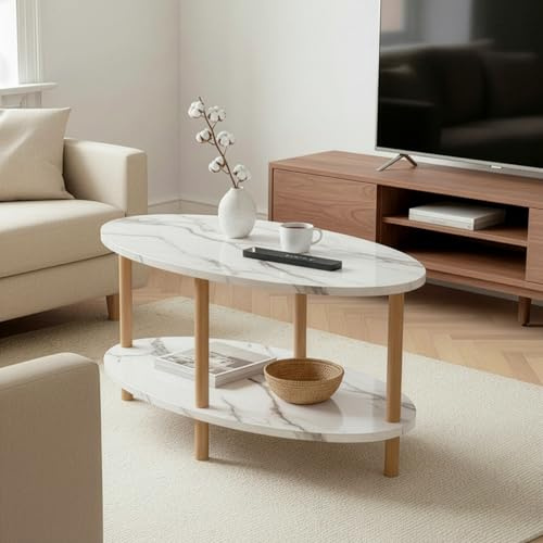 CARENZA HOME Beistelltisch Creme Marmor 2 Ablagen Optik 70x44 cm Couchtisch
