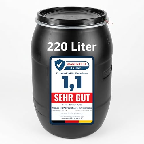 plasteo 220 L Weithalsfass mit Deckel - HDPE Kunststofffass Schwarz | UN-zugelassen, mit Spannring & Dichtung – für Garten, Werkstatt, Lager und Transport