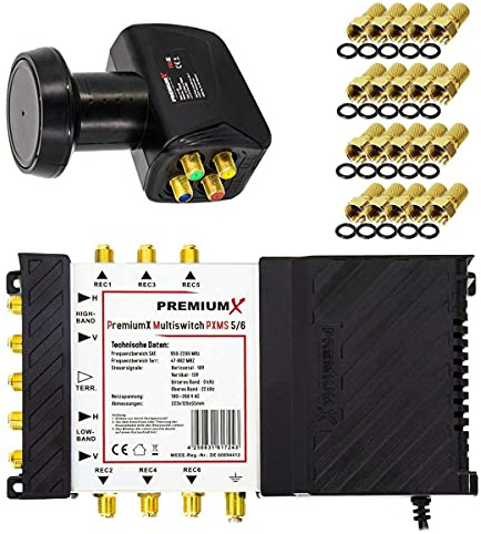 Premium X Multischalter Set 5/6 Multiswitch Quattro LNB 20x F-Stecker | Satverteiler 1 SAT für 6 Teilnehmer HDTV Full HD 4K UHD 8K | Signalverteilung für mehrere Teilnehmer | Störungsfreier Empfang