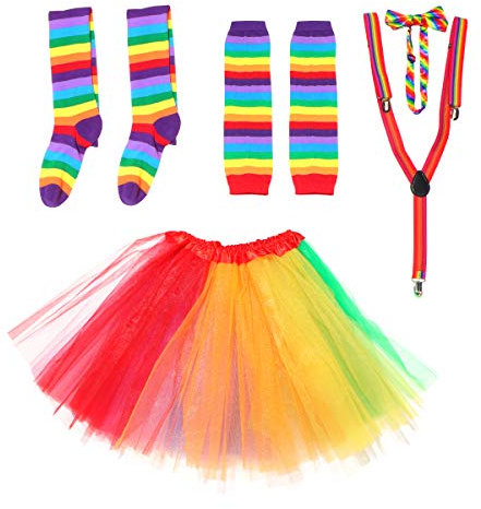 BESTOYARD Rainbow Tutu Rock Kit Bunte Bowknot Krawatte Lange Handschuhe Strumpf Hosenträger Kostüme Zubehör Set Karneval Liefert (Erwachsene)