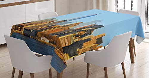 ABAKUHAUS Landschaft Tischdecke, New York City Skyline, Wasserfest Waschbar mit Klar Sichtbaren Farben kein Verblassen Personalisiert, 140 x 170 cm, Hellblau Orange