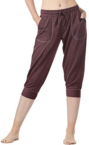 icyzone Damen Jogginghose 3/4 Sporthose Laufhose Loose Fit Sweathose Casual Capri Hose (XL, Burgundy)