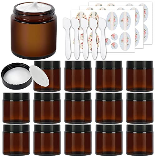 Betrome Lot de 15 pots ronds vides en verre ambré de 113,4 g pour cosmétiques, lotions pour le visage, crème avec doublure intérieure blanche et couvercles noirs