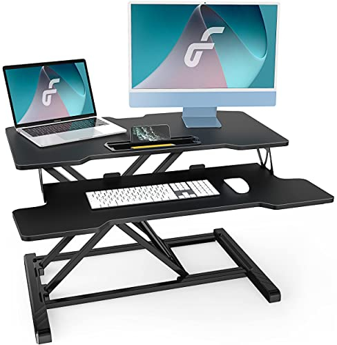 Fenge Steh-Sitz Schreibtisch, Höhenverstellbarer Schreibtischaufsatz mit Tastaturablage 80 x 40 cm Stehpult Für Büro Zuhause, Schwarz