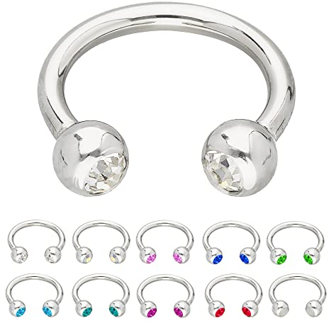 Treuheld® | Silbernes HUFEISEN Piercing Ring mit Kristallen - [131.] 1.6 x 10 mm (Kugeln: 4mm) - klar/durchsichtig