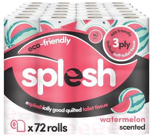 Splesh by Cusheen 3-ply Toilet Roll - Watermelon Fragrance (72 Pack) Soft, Quilted Bulk Toilet Rolls, Toilet Tissue and Loo Rolls – Eco-Friendly Toilet Paper Sustainably Crafted in The UK