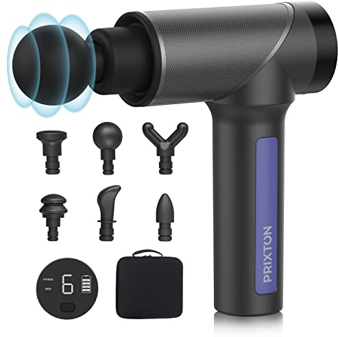 PRIXTON Massagepistole MGF100 | Elektrische Masage Gun für Fitness und Physiotherapie, Leistung 30W, 3300 U/min, 9 Geschwindigkeit, 6 Köpfe, Kabelloses und leichtes Design