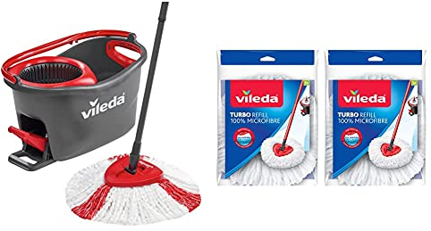 Vileda Turbo Microfibre Mop and Bucket Set & Turbo Classic Microfibre Mop Refill Head, Pack of 2