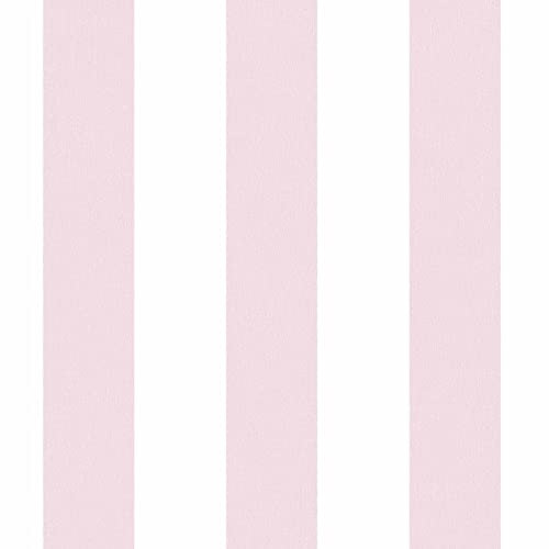 Papier peint chambre bébé à rayures rose & blanc | Tapisserie fille blanche & rose à rayures | Papier peint intissé lavable pour chambre enfant