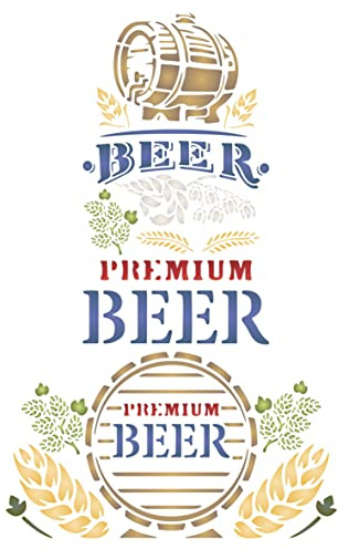 2 stencil a forma di birra, 2 pezzi, 20,3 x 35,5 cm (L), stencil per pittura a forma di cartello per pub bar barile di birra parole luppolo grano stencil per pittura