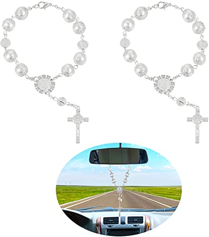 Cobee Auto Rosenkranz Kreuz, 2 Stück Auto-Rosenkranz zum Aufhängen, Hängende Verzierung, Geschenk für Damen und Herren