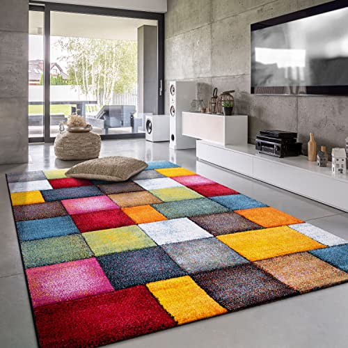 Paco Home Teppich Wohnzimmer Kinderzimmer Kurzflor Moderne 3D Optik Kariert Geometrische Muster, Grösse:200x290 cm, Farbe:Bunt