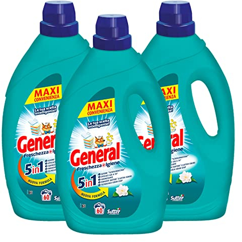 3x detersivo liquido General Freschezza+Igiene 5in1 per Lavatrice 60 Lavaggi - 3 Flaconi da 2,7L ciascuno