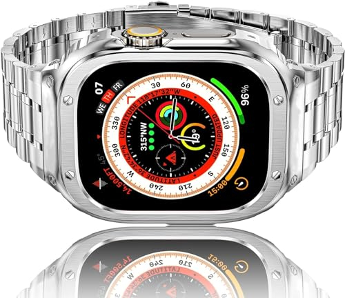 HASLFM Armband mit Gehäuse Kompatibel für Apple Watch Ultra/Ultra 2(49mm), Robustes Ersatzband und Edelstahl Metall iWatch 49mm Armband für Männer, Silber