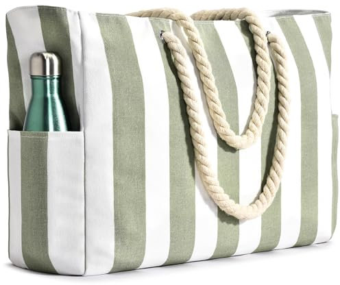 Becokan Sac de plage pour femme, sac de piscine imperméable et résistant au sable, grand sac de plage avec fermeture éclair à rayures, vert clair, Large