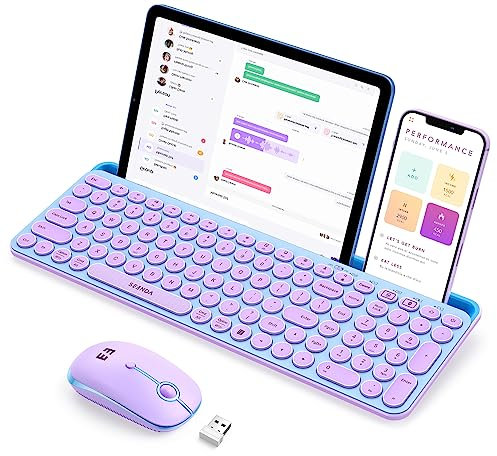 seenda Teclado y ratón Bluetooth para iPad, multidispositivo Bluetooth + teclado inalámbrico 2.4G con soporte para tablet para MacBook/Windows, iOS/Android, color azul y morado