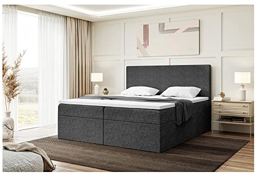 MEBLINI Boxspringbett mit Bettkasten - Gepolstert Doppelbett mit Matratze und Topper - Polsterbett mit Stauraum - Bett mit Kopfteil - Stauraumbett - Zlatan - 180x200 - H4/Dunkelgrau Webstoff