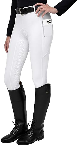 FitsT4 Sports Damen Reitleggings Silikon Vollbesatz Reithose mit Handytasche und Gürtelschlaufen,Weiß,Gr.XL