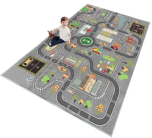 ZFHNYJWKL Kinder spielteppich Auto Jungen & Mädchen Teppich Straßenteppich Bauteppich Stadtstadt Lernbereich Teppich Pädagogischer Antirutsch für Kinderzimmer Grau Blau Grün(A,90X150CM)