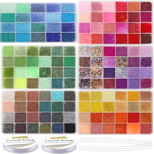 EuTengHao 57600pcs 2mm Perles de rocaille en verre petites perles de bricolage pour bracelet, collier, bijoux avec anneau de saut, fermoir de homard et cordes élastiques.