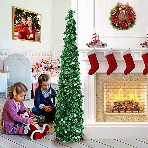 NAMUlA 5 Fuß Pop-Up-Weihnachts-Lametta-Baum mit Ständer, wunderschöner zusammenklappbarer künstlicher Weihnachtsbaum für Weihnachtsdekorationen, grün Fashionable