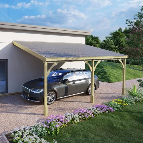 Rutland County Garden Furniture Felt Shingle Wooden Outdoor Roof Felt Pergola Garden Gazebo Carport - 3m Depth - 3 Post - Light Green Timber (3m x 6.5m, Slate Grey)