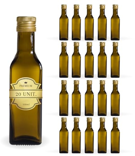 20 Mini Bouteilles en Verre Foncé 100ml avec Bouchon a Vis Doré | Petites Bouteilles pour Huile d'Olive, Vinaigre, Alcool, Sauces, Potion Magique | Huilier en Verre, Flacon pour Échantillons