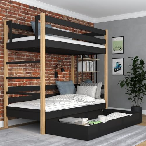 N-wood N03 Etagenbett mit Schublade, Kinderbett 120x200 cm, für 2 Kinder, 2 Leitermontageseiten: Links oder rechts, abgerundete Kanten, Massivholzkonstruktion, Hochwertige Materialien, Schwarzeiche