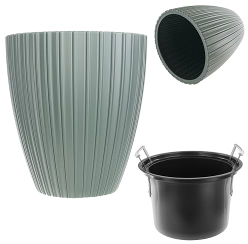KADAX Dekorativer Übertopf mit Inneneinsatz, Runder Pflanztopf, Blumentopf aus Kunststoff, Pflanzentopf für Innen und Außenbereich, Blumenübertopf (Grün, 30 cm)
