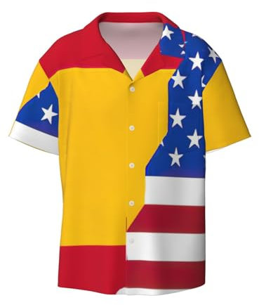 Camisa de manga corta con estampado de bandera de España americana para hombre, con botones, casual, vestido de playa cubano de verano con bolsillo, Negro -, L