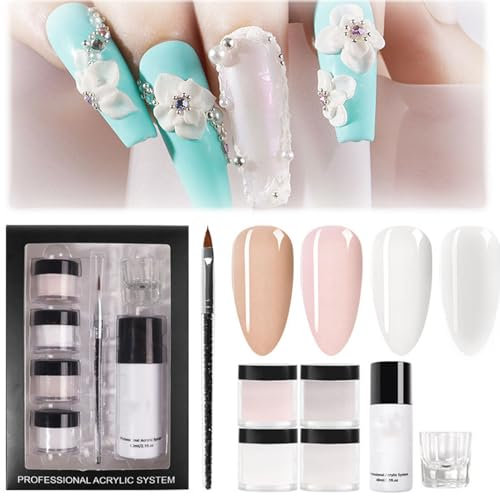 Acrylic Nail Kit - Professional 4pcs White Nude Pink Powder Set for Beginners - Brush, File, Extension, and Carving Tools for Home Use