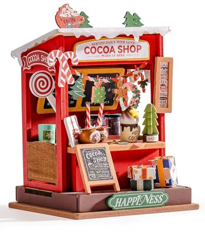 ROWOOD Kit De Maison De Poupée De La Boutique De Cacao De Noël, Maquette Maison A Construire Miniature DIY, Modèle en Bois, Cadeau Créatif d'anniversaire pour Adultes