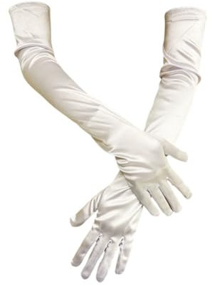 BrightGlow Satin Handschuhe Lang Damen 55cm - Elegant Abendhandschuhe 1920er Classic - Elastic Satinhandschuhe für Opera, Party, Halloween, Karneval, Kostüm - Opernhandschuhe Braut Weiß