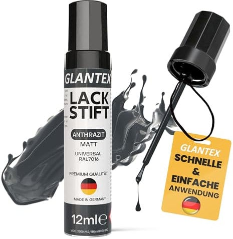 GLANTEX Lackstift Anthrazit Matt [12ml] – RAL 7016 Grau Matt – Hohe Deckkraft gegen Kratzer & Steinschläge – für Auto, Terrassendächer, Möbel, Metall u.v.m.