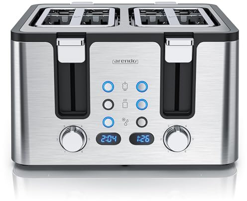 Arendo - Toaster 4 Scheiben Edelstahl - mit Brötchenaufsatz - 4 Schlitze - LED Anzeige Restzeitanzeige – Doppelwandgehäuse - Defrost Funktion - Krümelschublade - 6 Bräunungsgrade - Silber Edelstahl
