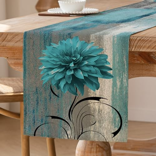 Tischläufer Türkis Retro Tischläufer mit Blume Bauernhaus Tischdekoration Rustikales Ölgemälde Tisch Läufer Akzenttisch Dekoratives Tuch 33 x 183 cm für Küche Kaffee Urlaub Partys Hochzeit