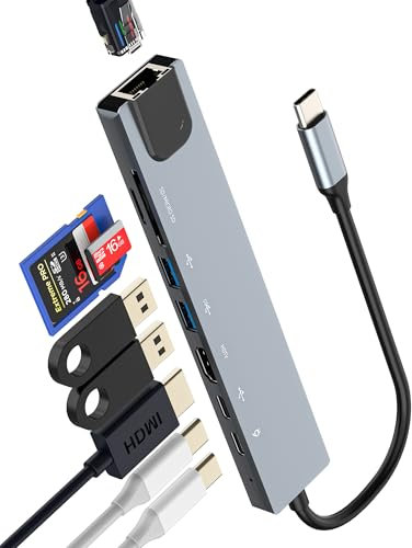 HUB USB C(8en1)vers HDMI Adaptateur Ethernet SD Micro SD Lecteur Carte USB OTG 3.0 Type C Chargeur PC MacBook Pour IPad Dock Clavier Souris Thunderbolt Pour Apple Iphone 16 15 Compatible Avec Samsung
