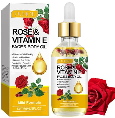 1 bouteille d'huile de rose bio pour le visage - 60 ml - 100 ml d'huile de rose pure - Huile essentielle de vitamine E - Hydrate et éclaircit la peau du corps - Convient aux hommes et aux femmes