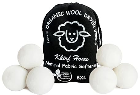 Bolas secadoras de lana orgánica, paquete de 6 unidades, XL, 100% lana de Nueva Zelanda, suavizante de tela natural reutilizable para más de 1,000 cargas, reduce las arrugas y la estática, acelera el