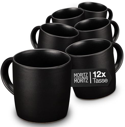 Moritz & Moritz NORDIC Kaffeetassen Set 12-teilig Schwarz - ca. 300ml aus hochwertigem Steinzeug - Stilvolles Design mit Henkel - Tassen mit Henkel für Kaffee, Tee, heiße Schokolade, Cappuccino