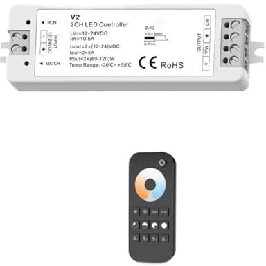 V2 LED Controller WW CW CCT 2CH 12V 24V DC 10A LED Dimmer 2,4G Fernbedienung for einfarbige Dual White LED Lichtleiste(V2 and RT2)